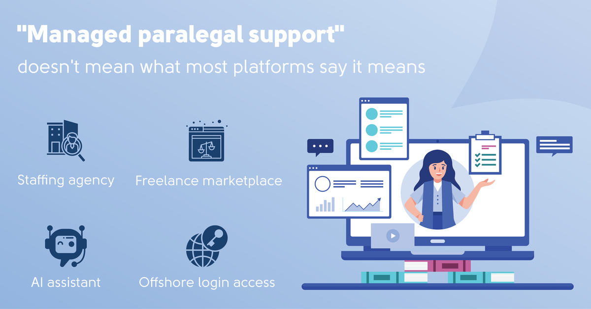 "Managed paralegal support" doesn't mean what most platforms say it means — it's not a staffing agency, freelance marketplace, AI assistant, or offshore login access.